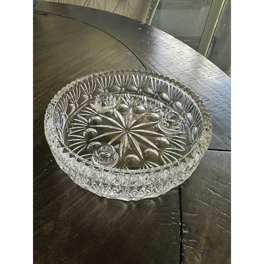 Vintage Clear Pressed Glass 3 Taper Candle Holder Centerpiece‎ Bowl Starburst 9"